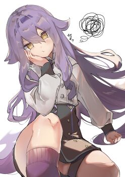 1girl absurdres black_skirt blush buttons crosshair_pupils hairband hanaguruma_(hana96ma) hand_on_own_face head_tilt highres honkai_(series) honkai_impact_3rd long_hair long_sleeves looking_at_viewer purple_hair purple_socks sirin sirin_(magic_academy_uniform) skirt socks solo thighs white_background yellow_eyes