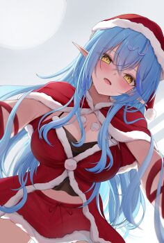 1girl 7nopi absurdres ahoge black_camisole blue_hair blush breasts camisole capelet cleavage commentary_request crop_top crossed_bangs double-parted_bangs elf fur-trimmed_capelet fur-trimmed_headwear fur-trimmed_skirt fur-trimmed_vest fur_trim hair_between_eyes hat heart heart_ahoge highres hololive large_breasts long_hair looking_at_viewer midriff miniskirt multicolored_hair open_mouth pointy_ears pom_pom_(clothes) red_capelet red_skirt red_vest santa_costume santa_hat skirt solo streaked_hair very_long_hair vest virtual_youtuber yellow_eyes yukihana_lamy