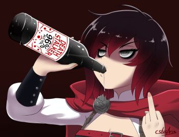 alcohol bags_under_eyes cslucaris dark_background drinking middle_finger multicolored_hair ruby_rose rwby grey_eyes