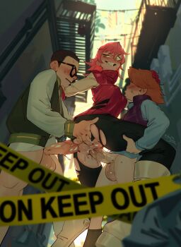 1girl 2boys alley anal ass_grab backstreet blush caution_tape double_penetration fang flcl glasses greasymeta green_eyes group_sex haruhara_haruko highres keep_out manabe_gaku masamune_masashi mmf_threesome multiple_boys penis pink_hair pussy_juice sex shota standing tagme testicles threesome torn_clothes vaginal