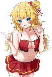 Rule 34 | 1girl, :d, absurdres, akai haato, akai haato (hololive summer 2019), bikini, bikini skirt, blonde hair, blue eyes, blush, breasts, cleavage, collarbone, cowboy shot, fang, hair bun, hair ornament, hands up, heart, heart hair ornament, highres, hololive, index finger raised, large breasts, long hair, looking at viewer, navel, official alternate costume, open mouth, red bikini, red nails, red ribbon, red skirt, ribbon, rinkaa (lovelive765pro2), simple background, skirt, smile, solo, stomach, swimsuit, very long hair, virtual youtuber, white background
