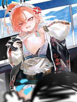 1girl absurdres ahoge anger_vein angry anhyo apron belt belt_buckle black_halo black_skirt blue_archive blush braid buckle center_frills doodle_sensei_(blue_archive) earrings flat_chest floral_print flying_sweatdrops frills hair_between_eyes halo highres huge_ahoge indoors jacket jewelry loli looking_at_viewer maid maid_apron maid_headdress mole mole_under_eye monitor neru_(blue_archive) nipples off_shoulder open_clothes open_jacket open_mouth open_shirt orange_hair pleated_skirt red_eyes sensei_(blue_archive) short_hair single_braid single_earring single_off_shoulder skirt standing stud_earrings sukajan sweatdrop tsurime window wrist_chain