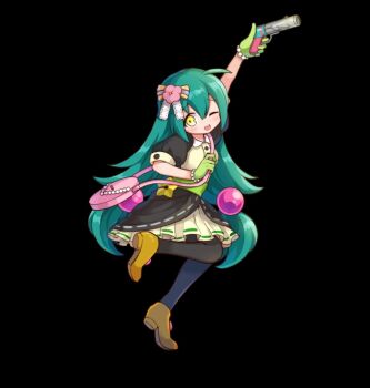 1girl :d ahoge aqua_hair arm_up barbiena_(merc_storia) black_background black_pantyhose blush collared_dress dress flats flower from_side full_body gloves green_gloves gun hair_between_eyes hair_flower hair_ornament highres holding holding_gun holding_weapon long_hair looking_at_viewer low-tied_long_hair low_twintails merc_storia merc_storia_art_team official_art one_eye_closed open_mouth outstretched_arm pantyhose pink_bag puffy_short_sleeves puffy_sleeves raised_inner_eyebrows shoes short_sleeves simple_background smile solo standing standing_on_one_leg tachi-e twintails very_long_hair weapon yellow_eyes yellow_shoes