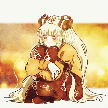 Rule 34 | 1girl, absurdres, armband, bow, commentary request, fujiwara no mokou, full body, hair bow, hakunemui, highres, hugging own legs, long hair, looking at viewer, pants, red eyes, red pants, red theme, signature, smile, solo, touhou, white hair