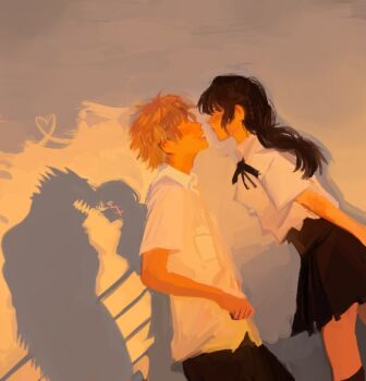 1boy 1girl alternate_costume chainsaw_devil chainsaw_man commentary cross_scar denji_(chainsaw_man) different_shadow english_commentary faceless faceless_female faceless_male facial_scar heart hetero imminent_kiss miniskirt mitaka_asa ms._tsu pleated_skirt scar scar_on_cheek scar_on_face school_uniform shirt skirt untucked_shirt white_shirt yoru_(chainsaw_man)