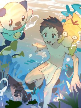 1boy brown_hair full_body fundoshi gen_1_pokemon gen_5_pokemon highres japanese_clothes male_focus navel nintendo nipples open_mouth oshawott pokemon pokemon_swsh psyduck short_hair solo suikaels teeth underwater upper_teeth_only victor_(pokemon)