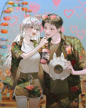 1boy 1girl absurdres angelica_(project_moon) black_eyes black_hair black_shirt blue_eyes commission couple cup disposable_cup eyewear_on_head feeding ferris_wheel food hawaiian_shirt heart heart-shaped_eyewear highres holding holding_cup jacket library library_of_ruina pink-tinted_eyewear popcorn print_jacket print_shorts project_moon roland_(project_moon) second-party_source shared_drink shirt short_sleeves shorts stuffed_toy tinted_eyewear white_shirt yanu_0000