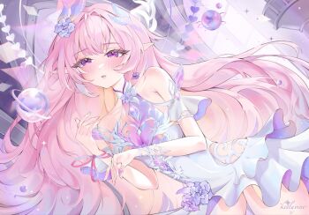 1girl artist_name bare_shoulders breasts commentary cyrene_(demiurge)_(honkai:_star_rail) cyrene_(honkai:_star_rail) diamond-shaped_pupils diamond_(shape) dress earrings highres honkai:_star_rail honkai_(series) jewelry keelayine large_breasts long_hair looking_at_viewer multicolored_hair parted_lips pink_hair pointy_ears purple_eyes see-through_cleavage see-through_clothes solo symbol-shaped_pupils thighs two-tone_hair very_long_hair white_dress white_hair