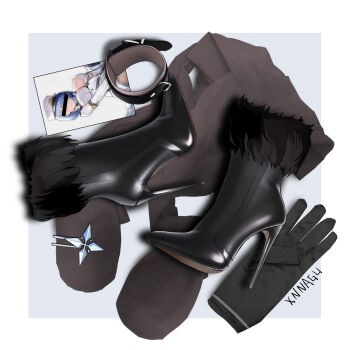 1girl arms_behind_back artist_name bar_censor bdsm black_footwear black_pantyhose blindfold blue_hair boots border bound breasts censored censored_identity collar covered_eyes fur-trimmed_boots fur-trimmed_gloves fur-trimmed_sleeves fur_trim gloves hat high_heel_boots high_heels highres large_breasts pantyhose photo_(object) see-through_clothes see-through_legwear solo unworn_boots white_headwear xnnagu