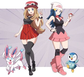 2girls absurdres abysswatchers black_shirt black_thighhighs blue_eyes blue_hair boots bracelet breasts brown_hair commission dawn_(pokemon) full_body gen_4_pokemon gen_6_pokemon glasses hand_on_own_hip hat highres jewelry long_hair long_sleeves medium_breasts multiple_girls nintendo one_eye_closed pink_boots piplup poke_ball pokemon pokemon_dppt pokemon_xy red_scarf red_skirt scar scarf serena_(pokemon) shirt shoes skirt smile standing sylveon thighhighs v