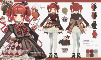 Rule 34 | 1girl, apple, arched bangs, asa going, asymmetrical legwear, back bow, black dress, black shoes, blush, bow, bowtie, breasts, brown bow, character name, closed mouth, color guide, commentary request, creature, crown, crownia, dress, flare (crownia), food, fruit, highres, huge bow, long sleeves, looking at viewer, mini crown, mismatched legwear, multiple views, red bow, red bowtie, red eyes, red hair, reference sheet, shoes, short dress, short hair, small breasts, striped bow, striped clothes, striped thighhighs, thighhighs, twintails, vertical-striped clothes, vertical-striped thighhighs, white background, white thighhighs