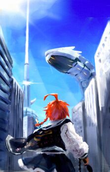 Rule 34 | 1girl, absurdres, ahoge, binah (blue archive), blue archive, braid, city, cowboy shot, day, from behind, gun, hanpen 845, highres, holding, holding gun, holding weapon, jacket, long sleeves, miniskirt, neru (blue archive), no halo, non-humanoid robot, orange hair, outdoors, pleated skirt, robot, robot animal, short hair, single braid, skirt, standing, sun, weapon