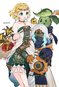 1boy 1girl apple aqua_hair artist_name basket blonde_hair bracelet braid carrying carrying_person circlet commentary_request crown_braid dress earrings food fruit golden_apple green_eyes highres hyrule_warriors:_age_of_imprisonment jewelry korok looking_at_viewer magatama magatama_necklace mysterious_construct necklace nintendo open_mouth opleillle pointy_ears princess_zelda secret_stone short_hair simple_background smile strapless strapless_dress sundelion the_legend_of_zelda the_legend_of_zelda:_tears_of_the_kingdom twitter_username white_background white_dress yellow_eyes