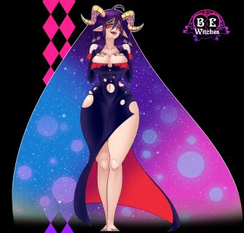 1girl animated animated_gif bare_shoulders barefoot be_witches breast_expansion breasts bridal_gauntlets bursting_breasts cleavage clothing_cutout covered_erect_nipples curled_horns curvy dress female_focus full_body gigantic_breasts glowing glowing_eyes highres horns huge_breasts large_breasts long_hair looking_at_viewer multicolored_hair nail_polish navel navel_cutout nightmare_(be_witches) nosebecc off-shoulder_dress off_shoulder official_art pointy_ears red_eyes skindentation solo thick_thighs thighs toenail_polish toenails torn_clothes very_long_hair wide_hips