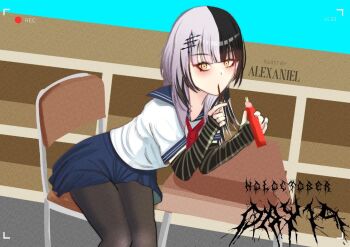 Rule 34 | 1girl, alexaniel, artist name, black arm warmers, black hair, black pantyhose, blue sailor collar, blue skirt, chair, desk, food, grey hair, holding, holding food, holding pocky, hololive, hololive english, multicolored hair, neckerchief, on chair, pantyhose, pocky, recording, red neckerchief, sailor collar, school chair, school desk, school uniform, serafuku, shiori novella, shirt, sitting, skirt, solo, split-color hair, striped arm warmers, two-tone hair, viewfinder, virtual youtuber, white serafuku, white shirt, yellow eyes