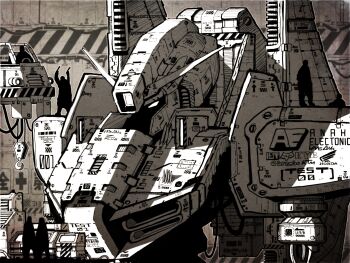 anaheim_electronics armor catwalk_(walkway) commentary_request czn_radiosonde engineer gundam hangar highres machinery mecha mecha_focus mobile_suit pauldrons realistic redesign repairing robot science_fiction shoulder_armor v-fin