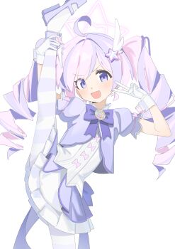 1girl :d absurdres ahoge blue_archive blue_hair blush commentary drill_hair gloves halo highres looking_at_viewer magical_girl official_alternate_costume open_mouth pantyhose pink_hair purple_gloves purple_hair reisa_(blue_archive) reisa_(magical)_(blue_archive) ri-el simple_background smile solo split standing standing_on_one_leg standing_split star_halo striped_clothes striped_pantyhose twin_drills v white_background white_gloves