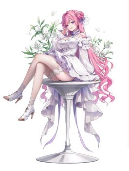 1girl arm_support bare_shoulders bow bowtie braid breasts bug butterfly collar commentary_request crossed_legs detached_sleeves dorothy_(nikke) dress flower foot_dangle frilled_dress frilled_sleeves frills full_body goddess_of_victory:_nikke hair_bun hair_intakes hair_ribbon hand_up high_heels highres ika_(4801055) insect lace lace-trimmed_thighhighs lace_trim large_breasts legs lily_(flower) long_hair long_sleeves looking_at_viewer pink_hair purple_bow purple_bowtie purple_eyes purple_ribbon ribbon shoes sidelocks single_side_bun sitting smile solo thighhighs thighs white_background white_collar white_dress white_ribbon white_shoes white_sleeves white_thighhighs