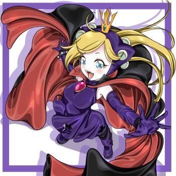 1girl blonde_hair blue_eyes boots bracelet cape crown dress elbow_gloves fangs gloves highres jewelry mario_(series) nintendo smile spiked_bracelet spikes vampyozora wapeach