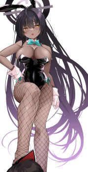 black_hair blue_archive bow bowtie dark-skinned_female dark_skin detached_collar femdom fishnets gin_(shioyude) gloves halo highres karin_(blue_archive) karin_(bunny)_(blue_archive) leotard open_mouth orange_eyes playboy_bunny rabbit_ears shiny_clothes shoe_soles stepped_on