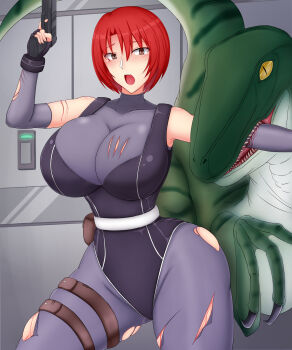 1girl alternate_breast_size_(larger) bare_shoulders biting black_leotard blood bodysuit breasts brown_eyes capcom covered_collarbone dino_crisis dinosaur elbow_gloves fingerless_gloves gloves grey_bodysuit grey_gloves gun hand_up handgun holding holding_gun holding_weapon huge_breasts indoors leotard looking_at_another looking_to_the_side medium_hair open_mouth red_hair ref_np111 regina_(dino_crisis) scratches sleeveless sleeveless_bodysuit solo_focus standing torn_bodysuit torn_clothes torn_gloves torn_leotard variant_set weapon wide_hips