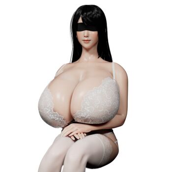 1boy 1girl 3d black_hair blindfold blush blush bra breasts ci-en colorized completely_nude couch erection gigantic_breasts hetero isha_(momoyama) large_areolae long_hair momoyama mosaic nude paizuri room simple_background smile tagme topless_female underwear white_background white_bra white_thighhigh