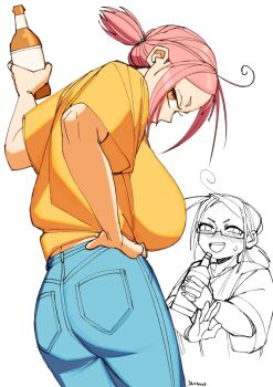 1girl 3amsoda :d ahoge artist_name blue_pants bottle breasts commentary cowboy_shot drunk english_commentary glasses hand_on_own_hip highres holding holding_bottle huge_breasts multiple_views open_mouth orange_eyes original pants partially_colored pink_hair ponytail semi-rimless_eyewear shirt short_sleeves shrimp_girl_(3amsoda) sidelocks small_sweatdrop smile solo standing t-shirt teeth upper_teeth_only yellow_shirt