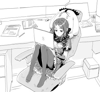 1girl bow bowtie cernunnos_(fate) chair character_doll closed_mouth computer cup doll elbow_gloves fate/grand_order fate_(series) gloves hair_bow highres ikezawa_shin indoors knees_up laptop leonardo_da_vinci_(fate) leonardo_da_vinci_(fate/grand_order) leonardo_da_vinci_(rider)_(fate) leonardo_da_vinci_(rider)_(first_ascension)_(fate) long_hair looking_at_screen monochrome mug no_shoes on_chair pantyhose paper parted_hair pen puff_and_slash_sleeves puffy_short_sleeves puffy_sleeves shirt short_sleeves sitting skirt solo swivel_chair table typing