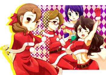 4girls aroma_reinford bad_id belt blush breasts christmas claire_foliel dress female_focus flora_reinhold fur_trim holidays katia_anderson large_breasts level-5 level_5 looking_at_viewer lowres max merry_christmas midriff multiple_girls professor_layton purple_hair emmy_altava santa_costume short_hair tag tagme wink