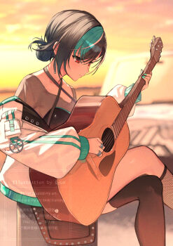 1girl acoustic_guitar aqua_hair black_hair black_shirt black_socks black_thighhighs blurry blurry_background commentary_request criss-cross_halter crossed_arms earrings fishnet_socks fishnets guitar hair_bun halterneck highres holding holding_instrument hololive hololive_dev_is instrument jacket jewelry kneehighs music off_shoulder official_alternate_costume official_alternate_hairstyle outdoors playing_guitar playing_instrument red_eyes rindo_chihaya shirt short_hair single_hair_bun single_kneehigh single_sock single_thighhigh sitting socks solo swept_bangs thighhighs virtual_youtuber watermark white_jacket white_streaks xyunx