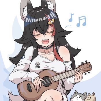 1girl :3 aikohgin animal_ears black_hair blush breasts choker cleavage closed_eyes collarbone dog facing_viewer fingernails hair_between_eyes highres holding holding_instrument holding_ukulele hololive instrument music musical_note ookami_mio open_mouth playing_instrument shirt ukulele virtual_youtuber white_shirt wolf_ears