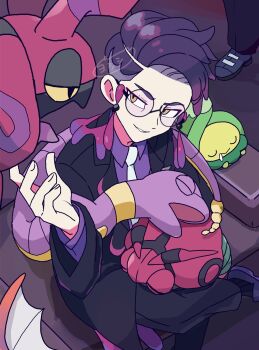 1boy antennae black-framed_eyewear black_hair black_jacket black_pants budew bug centipede closed_eyes closed_mouth collared_shirt colored_sclera corbeau_(pokemon) drooling ekans eyewear_strap gen_1_pokemon gen_4_pokemon gen_5_pokemon glasses highres jacket long_sleeves necktie nintendo open_clothes open_jacket open_mouth pants parted_hair parted_lips pokemon pokemon_(creature) pokemon_legends:_z-a purple_hair purple_shirt round_eyewear scolipede shirt short_hair short_sideburns sideburns sitting smile snake undercut venipede white_necktie yellow_eyes yellow_sclera yoshishi_(yosisitoho)