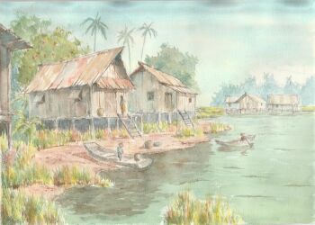 boat commentary_request day house ladder original outdoors painting_(medium) palm_tree paruperu people real_world_location river scenery shore sky thailand traditional_media tree water watercolor_(medium) watercraft