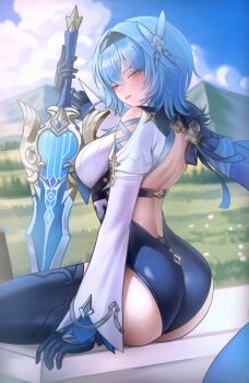 1girl absurdres ass back backless_outfit blue_boots blue_gloves blue_hair blue_unitard boots breasts eula_(genshin_impact) genshin_impact gloves grass highres holding holding_sword holding_weapon large_breasts long_hair mountain orange_eyes outdoors planted planted_sword planted_weapon puppnett sitting solo sword thighs very_long_hair weapon