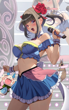 1girl :d absurdres akihiro0920 black_hair blue_shirt blue_skirt blunt_bangs blush breasts flower hair_flower hair_ornament hair_ribbon highres holding holding_microphone komami_(youkai_watch) medium_breasts microphone music navel open_mouth original pink_skirt purple_eyes ribbon rose shirt short_hair sidelocks singing skirt smile solo stage standing tamura_yukari teeth upper_teeth_only
