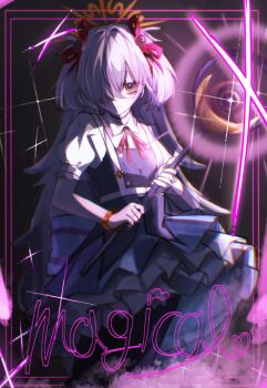 1girl black_pantyhose blue_archive brown_halo commentary_request eyeball_hair_ornament glowing grey_hair hair_over_one_eye halo kanoe_(blue_archive) long_hair magical_girl orange_halo pantyhose rontuta6 scar solo very_long_hair wand