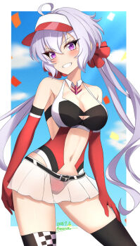 1girl ahoge alternate_costume black_bra black_thighhighs blurry blurry_background blush bra breasts cleavage confetti contrapposto detached_collar elbow_gloves gloves grey_hair grin hair_between_eyes head_tilt highres long_hair medium_breasts microskirt navel oilen0731 panties purple_eyes race_queen red_gloves red_panties see-through_clothes see-through_skirt senki_zesshou_symphogear sitting skirt smile solo thighhighs twintails underwear very_long_hair visor_cap white_skirt yukine_chris