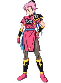 1girl anime_coloring arm_guards armor black_pantyhose blue_sash breasts brown_eyes china_dress chinese_clothes clenched_hands closed_mouth collared_dress curtained_hair dragon_quest dragon_quest_dai_no_daibouken dress fingerless_gloves full_body gloves hair_bun hand_on_own_hip jewelry large_breasts looking_at_viewer maam miyamoto_emiko official_art pantyhose pelvic_curtain pink_dress pink_gloves pink_hair pink_shoes sash shin_guards shoes short_hair short_sleeves shoulder_armor side_slit sidelocks simple_background solo standing tachi-e tented_shirt transparent_background v-shaped_eyebrows variant_set