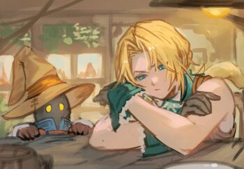 2boys absurdres aqua_eyes aqua_ribbon aqua_vest blonde_hair brown_gloves commentary_request counter crossed_arms cup elbow_rest final_fantasy final_fantasy_ix furrowed_brow gloves grey_gloves hair_intakes hands_up hat highres indoors leaning_forward light_bulb looking_down male_focus multiple_boys neck_ribbon parted_bangs plate ponytail pout ribbon rino_(selva_1in0) sad shoulder_belt solid_eyes upper_body vest vivi_ornitier witch_hat yellow_eyes zidane_tribal