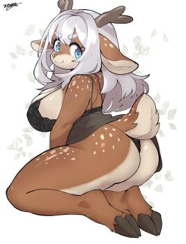 1girl animal_ears antlers ass ass_freckles blue_eyes body_freckles bra breasts deer deer_antlers deer_ears deer_girl deer_tail freckles furry furry_female highres hooves horns large_breasts lingerie long_hair original panties simple_background sitting tail underwear wariza white_background xeppir