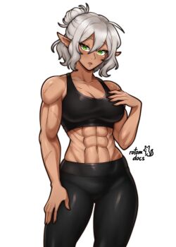 Rule 34 | 1girl, abs, absurdres, artist name, black pants, black sports bra, borrowed character, breasts, closed mouth, commentary, commission, cowboy shot, english commentary, green eyes, grey hair, hand on own chest, hand on own thigh, highres, ko-fi commission, lips, looking at viewer, medium breasts, original, pants, pointy ears, rotomdocs, scar, scar on arm, simple background, solo, sports bra, toned, toned female, white background, workout clothes, yoga pants