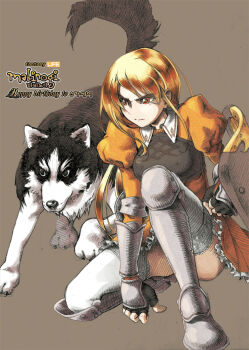 1girl archived_source armor bad_link black_claws black_eyes black_fur black_gloves black_tail blonde_hair breastplate brown_background claws closed_mouth collared_dress couter dress english_text fingerless_gloves frilled_dress frills frown full_body gauntlets gift_art gloves greaves happy_birthday hatching_(texture) holding holding_shield juliet_sleeves knee_armor korean_text lace lace-trimmed_thighhighs lace_trim leg_armor legs_apart len_(a-7) linear_hatching long_hair long_sidelocks long_sleeves mabinogi on_one_knee orange_dress orange_sleeves paw_up plate_armor player_character_(mabinogi) puffy_sleeves red_eyes sabaton serious shield sidelocks silver_armor simple_background split_mouth swept_bangs thighhighs two-tone_fur v-shaped_eyebrows very_long_hair white_fur white_thighhighs wing_collar wolf