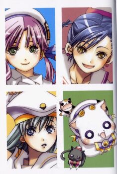 00s 3girls aika_granzchesta alice_carroll amano_kozue animal aria_(manga) aria_pokoteng black_cat blouse blue_hair bow bowtie cat clothed_animal earrings exif_thumbnail_surprise green_eyes green_hair grey_hair hair_tubes hat hime_granzchesta jewelry long_hair looking_at_viewer mizunashi_akari multiple_girls pink_hair president_maa purple_eyes scan shirt sidelocks white_shirt yellow_eyes