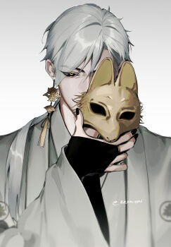 Rule 34 | 1boy, black bridal gauntlets, black nails, black sclera, blurry, bridal gauntlets, closed mouth, colored sclera, commentary, crest, depth of field, earrings, english commentary, eriimyon, eye mask, fox mask, fox mask (silent hill), gradient background, grey background, grey hair, grey haori, grey kimono, hair between eyes, hair over shoulder, hand up, highres, holding, holding mask, japanese clothes, jewelry, kimono, long hair, long sleeves, male focus, mask, montsuki, nail polish, one eye covered, parted bangs, ponytail, removing mask, side part, silent hill (series), silent hill f, simple background, smile, solo, straight-on, tassel, tassel earrings, twitter username, unworn mask, upper body, wide sleeves, yellow eyes