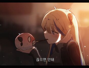 0_0 1girl absurdres airi_kanna antlers black_sweater blush brown_hair clenched_teeth commentary creature dragon_girl dragon_horns food food_in_mouth highres holding horns incoming_pocky_kiss long_hair looking_at_another multicolored_hair nervous_sweating pocky pocky_in_mouth seongda small_horns stellive streaked_hair sweat sweater teeth virtual_youtuber