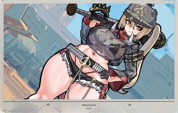 1girl absurdres aged_up alternate_breast_size_(larger) ammunition ammunition_belt baseball_bat black_bra black_gloves black_jacket black_shorts blonde_hair blue_sky border bra breasts building cloud combat_helmet cowboy_shot crossed_bangs curvy dutch_angle emblem gloves hair_between_eyes hand_on_own_hip helmet highleg highleg_panties highres holding holding_weapon jacket large_breasts looking_at_viewer luciana_de_montefio mask micro_bra micro_shorts midriff mold_(pixiv6616319) mouth_mask navel open_clothes open_jacket outdoors over_shoulder panties panty_straps red_eyes red_panties see-through_clothes see-through_shirt shirt shorts sidelocks skindentation sky solo spiked_knuckles standing thick_thighs thighs torn_clothes tusks underwear weapon weapon_over_shoulder wide_sleeves zenless_zone_zero
