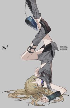 1girl alternate_costume arm_warmers black_boots black_nails black_skirt black_socks blonde_hair blue_eyes blue_hair boots braid braided_sidelock character_name clothes_iron clothing_cutout collared_shirt commentary foot_out_of_frame grey_background grey_shirt grey_skirt highres kirisame_marisa layered_skirt leg_warmers legs_up looking_at_viewer lying multicolored_hair necktie on_back pencil_skirt reeh_(yukuri130) shirt side_cutout skirt sleeveless sleeveless_shirt smile socks solo streaked_hair torn_clothes torn_socks touhou