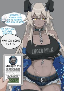 1boy 1girl aqua_streaks arbiter_strength_viii_(azur_lane) azur_lane bare_shoulders belt black_belt black_horns black_tank_top breasts broken broken_chain chain chain_between_breasts commander_(azur_lane) commentary cowboy_shot cross_scar dark-skinned_female dark_skin denim denim_shorts english_commentary english_text facing_viewer gluteal_fold grey_background grey_hair hair_between_eyes highres horns huge_breasts jaggi_95 light_blush long_hair mechanical_arms mechanical_horns micro_shorts multiple_scars navel pov pov_hands scar scar_on_leg scar_on_shoulder scar_on_stomach shorts simple_background siren_(azur_lane) sleeveless speech_bubble tank_top tb_(azur_lane) torn_clothes torn_tank_top very_long_hair white_hair yellow_eyes