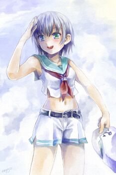 1girl :d armpits bare_shoulders belt black_belt black_hair blush cloud cloudy_sky commentary_request green_eyes green_sailor_collar grey_background hand_over_face hat highres holding holding_unworn_clothes holding_unworn_hat midriff murasa_minamitsu nagayo navel no_headwear open_mouth sailor_collar sailor_hat shirt short_hair shorts sky sleeveless sleeveless_shirt smile solo thighs touhou unworn_hat unworn_headwear white_hat white_shirt white_shorts