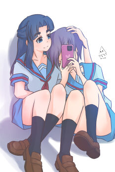 Rule 34 | 2gong (9ujin ), absurdres, artist logo, asakura ryoko, black socks, blue eyes, blue hair, blue sailor collar, blue skirt, blue sky, brown shoes, cellphone, collarbone, convenient leg, hand on another's head, hashtag-only commentary, highres, holding, holding phone, kita high school uniform, loafers, logo, long hair, looking at another, nagato yuki, phone, purple hair, sailor collar, school uniform, shirt, shoe soles, shoes, short hair, simple background, sitting, skirt, sky, smartphone, snoe chu5, socks, suzumiya haruhi no yuuutsu, white background, white shirt